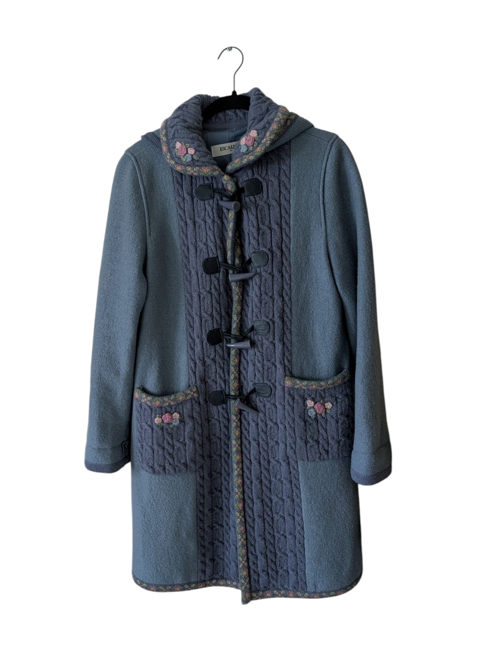 Cottagecore Dusty Blue Embroidered Toggle Grandmacore Hooded Coat Size Medium